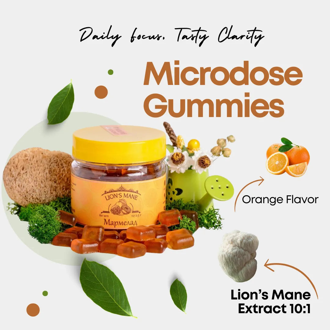 Vegan Lion’s Mane mushroom microdose gummies with 10:1 extract. Natural orange flavor, no gelatin, no fillers. 60–120 pcs. Plant-based clarity in every bite!